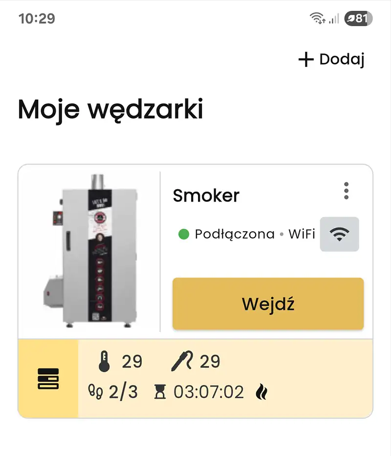 Ekran aplikacji Borcook z podłączoną wędzarnią przez WiFi