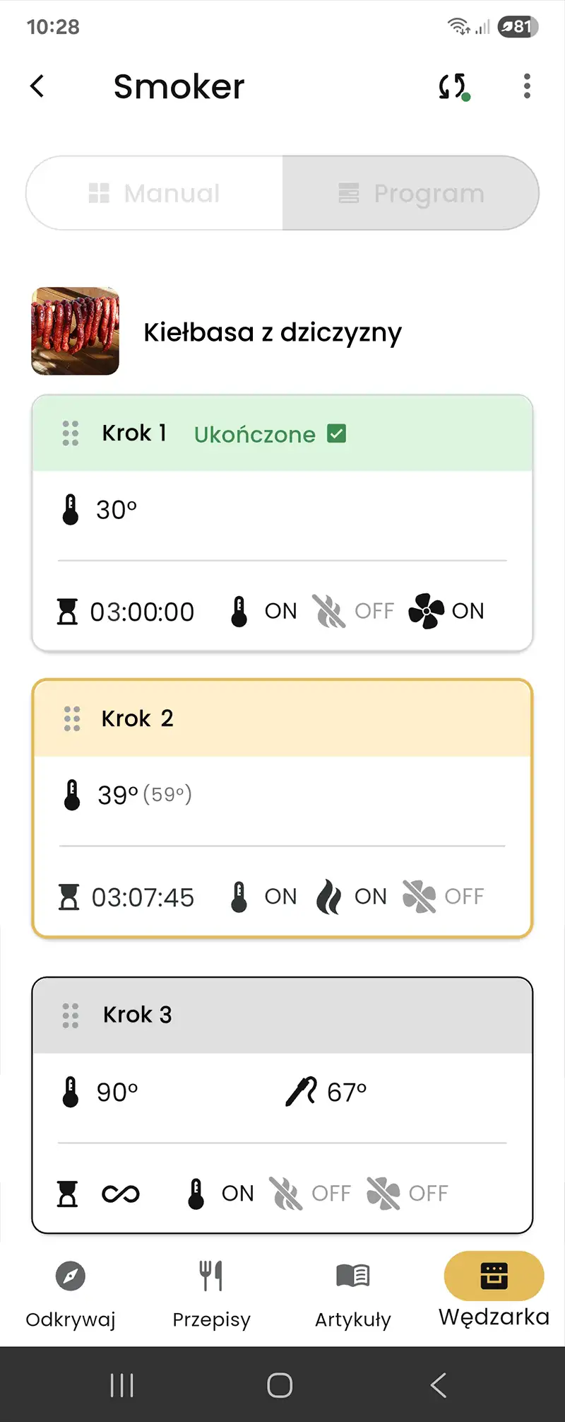 Program wieloetapowy w aplikacji Borcook dla kiełbasy z dziczyzny
