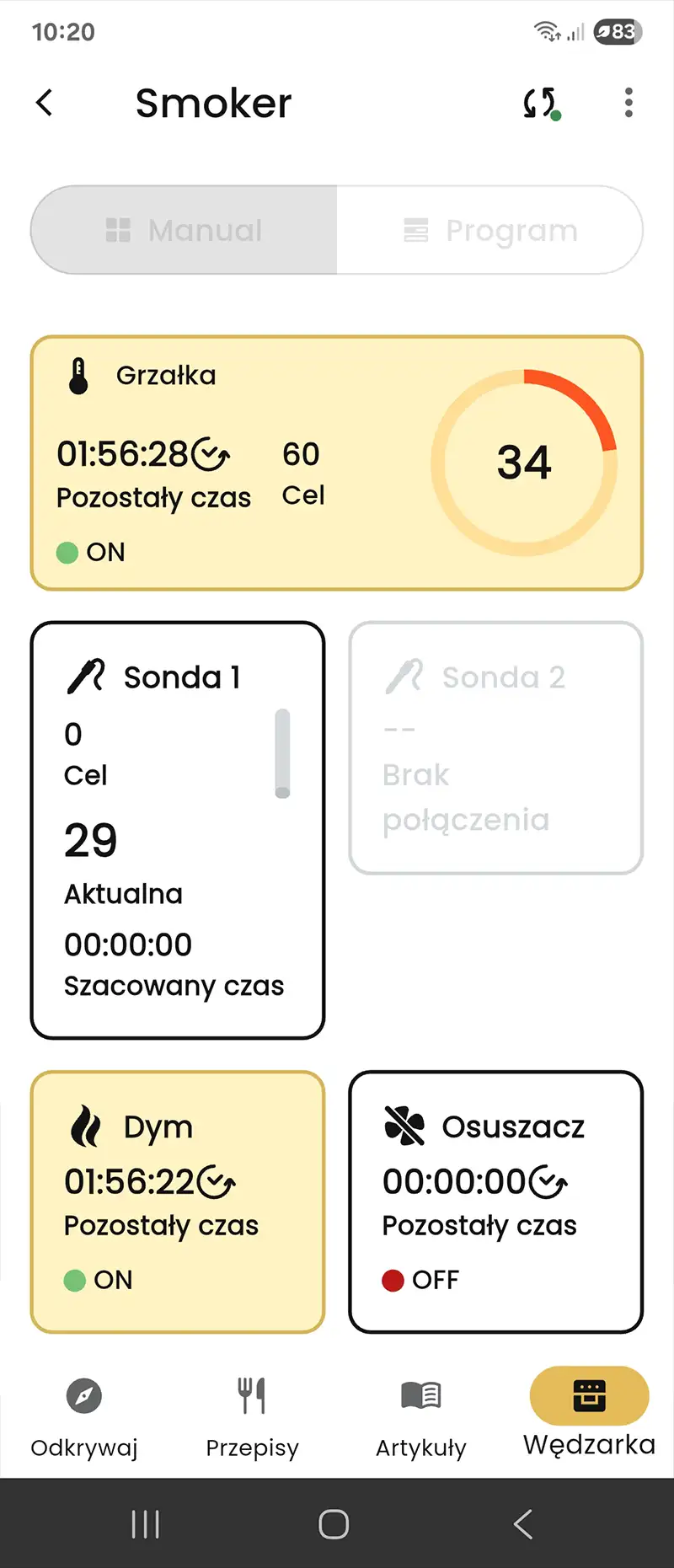 Aplikacja Borcook pokazująca temperaturę komory, sondę, dym i osuszacz